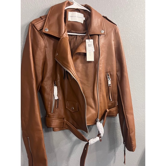 Rebecca Minkoff Cognac Brown Vegan Faux Leather Moto‎ Jacket Biker Zip Up Small - Picture 9 of 13
